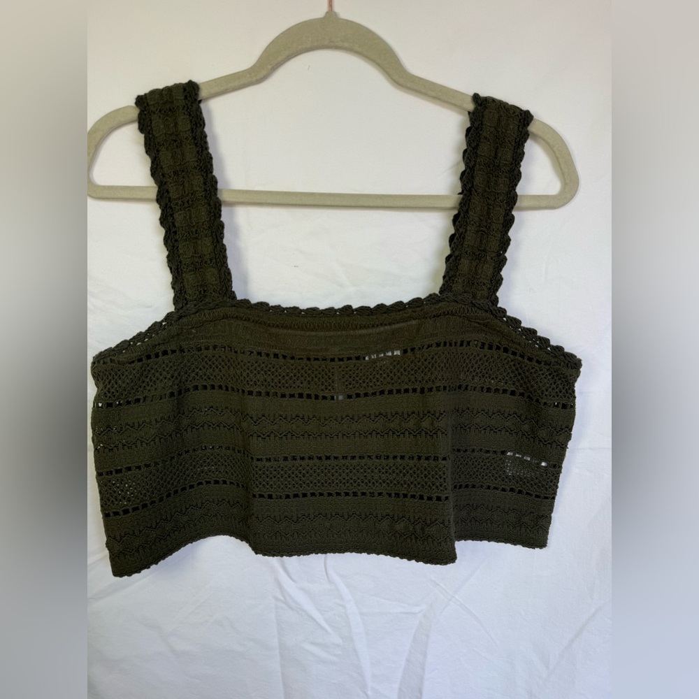Aerie Olive Green Crochet Crop Tank Boho Lace Knit Bralette Top L